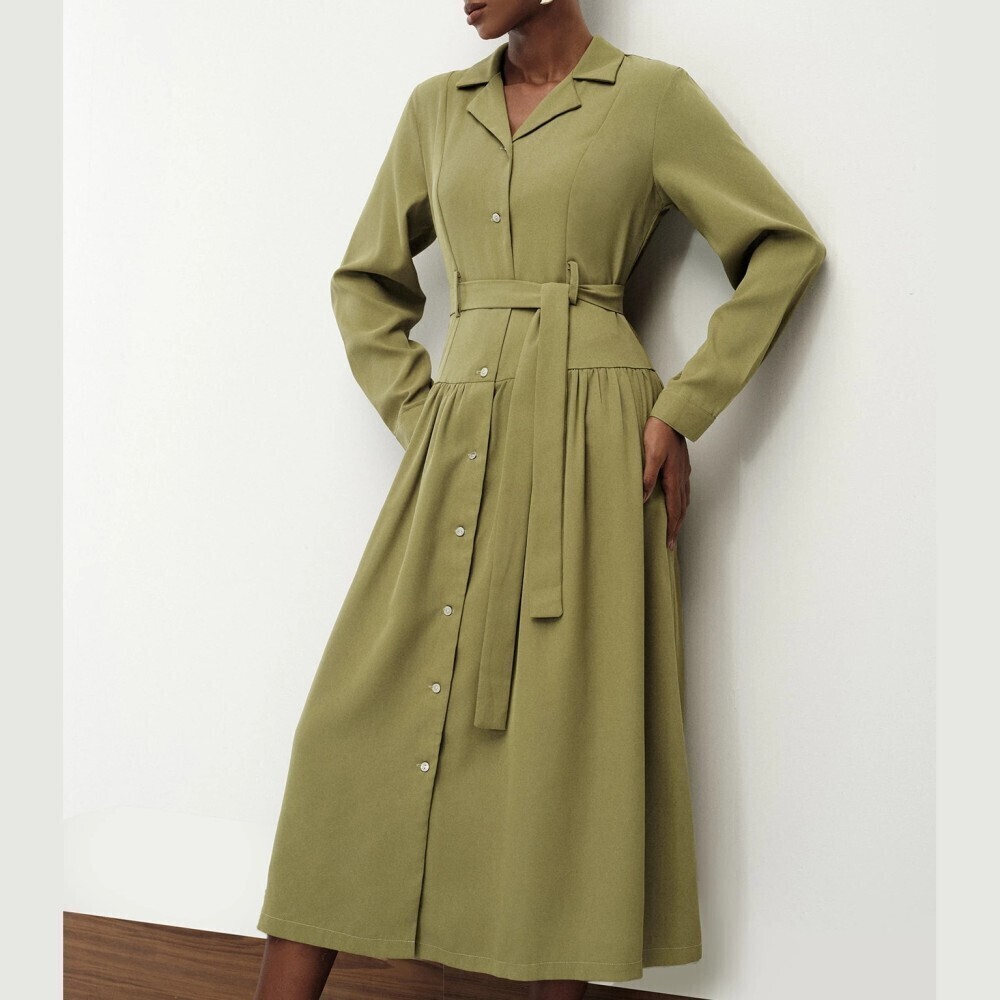 Kelly Green Belted Button Front Long Sleeve Midi Shirt Dress